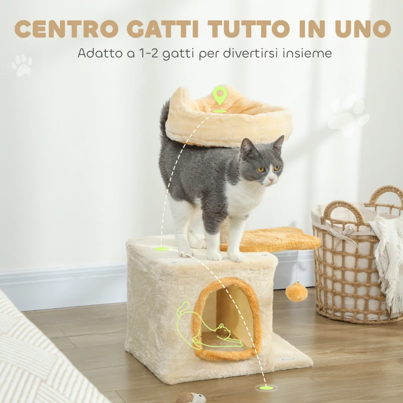 PawHut Albero Tiragraffi per Gatti con Posatoio e Casetta, in Legno, Peluche e Sisal, 40x30x72 cm, Beige e Giallo
