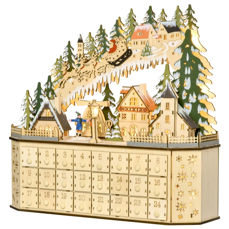 HOMCOM Calendar de Advent Decorațiune de Crăciun, 24 sertare, lumini LED, 39 cm x 9 cm x 42 cm, Alb + Verde