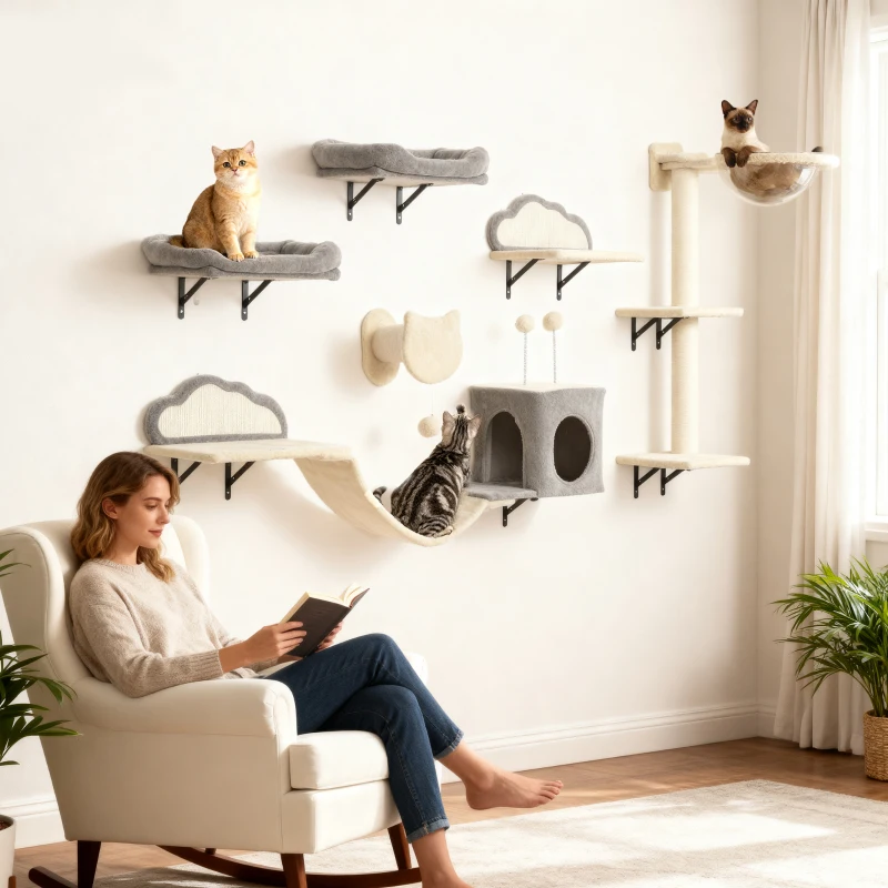 PawHut Etajere murale pentru pisici set mobilier de perete 6 piese hamac cu bulă acrilică cușcă hamac scară bej