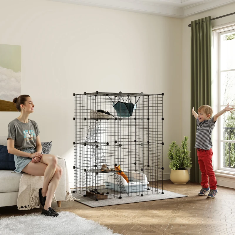 PawHut Cușcă pentru pisici de interior parc pentru pisici din oțel la 4 nivele DIY cu 5 uși hamac 1-3 pisici 105 x 70 x 140 cm negru