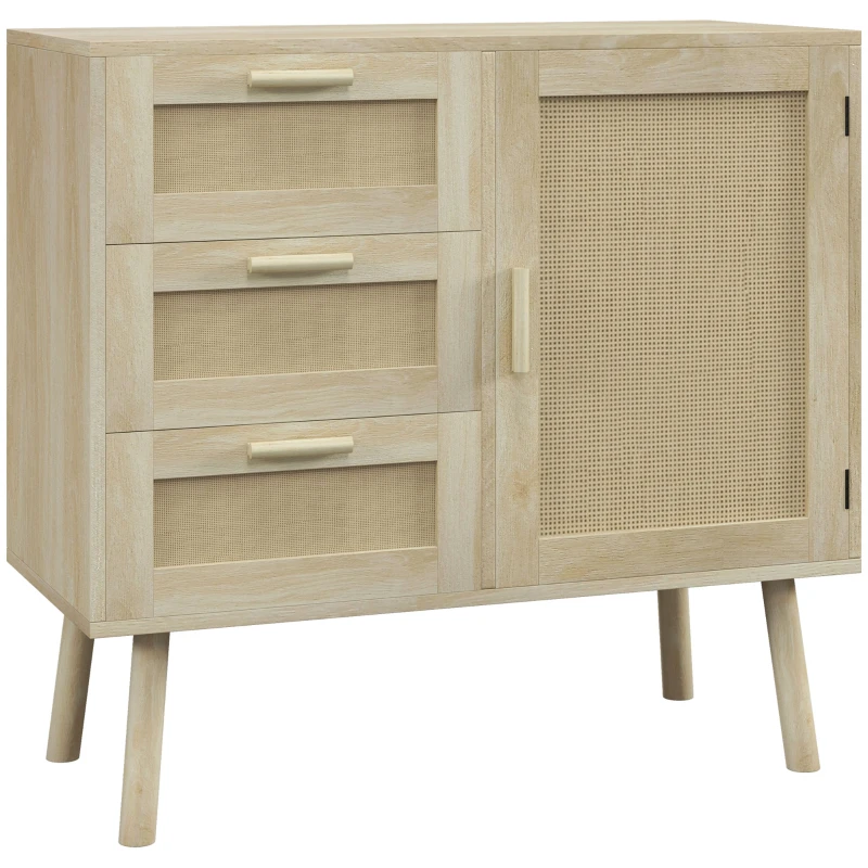 HOMCOM Meuble de rangement buffet style bohème 3 tiroirs et 1 porte façades rotin  - dim. 80L x 36l x 75H cm