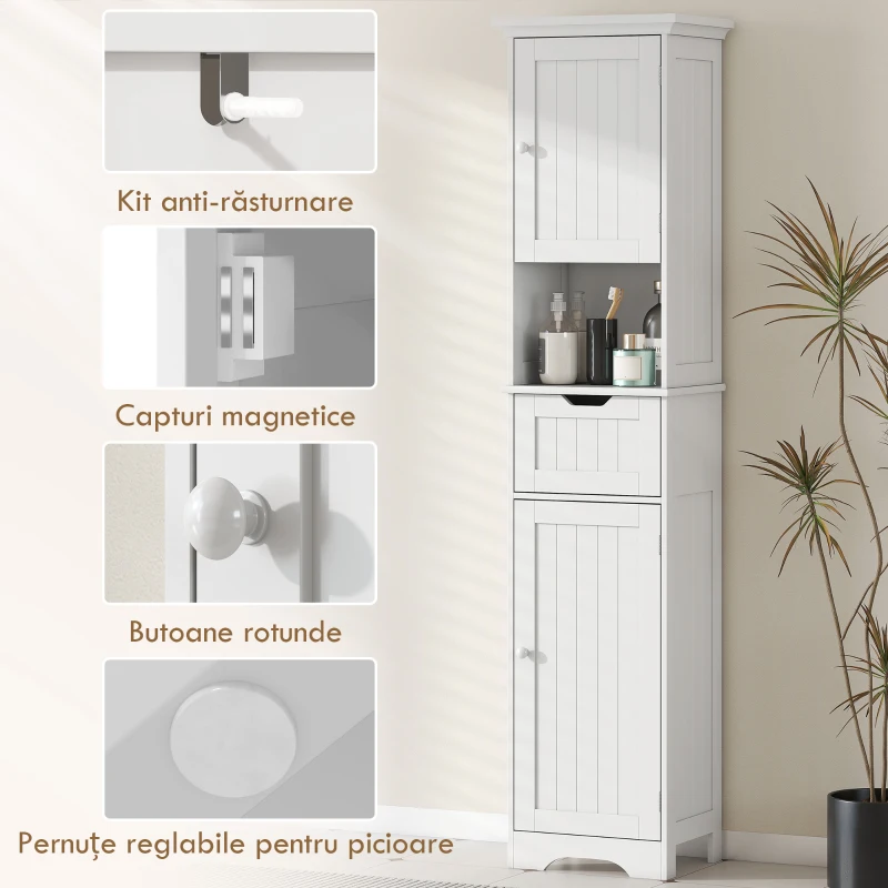 HOMCOM Mobilier Vertical de Baie Slim cu 2 Dulapuri cu Uși, LED cu Senzor, Mobilier Compact cu Raft Deschis, Sertar, Picioare Reglabile, 40x30x170 cm, Alb