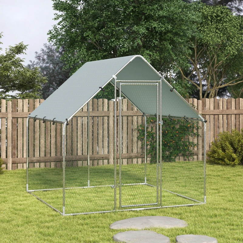 PawHut Coteț pentru Găini de Exterior, 2x2x2m 4 m² Țarc pentru Găini din Oțel Galvanizat cu Acoperiș Impermeabil Anti-UV și Încuietoare, Adăpost pentru 4-6 Găini, Animale Mici, Iepuri și Rațe