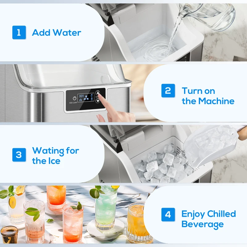 HOMCOM Maszyna do lodu, dystrybutor kostek lodu, Ice-Maker, 20 kg/24h, zbiornik na lód 2,3 L z zbiornikiem na wodę 3,2 L, kolor srebrny