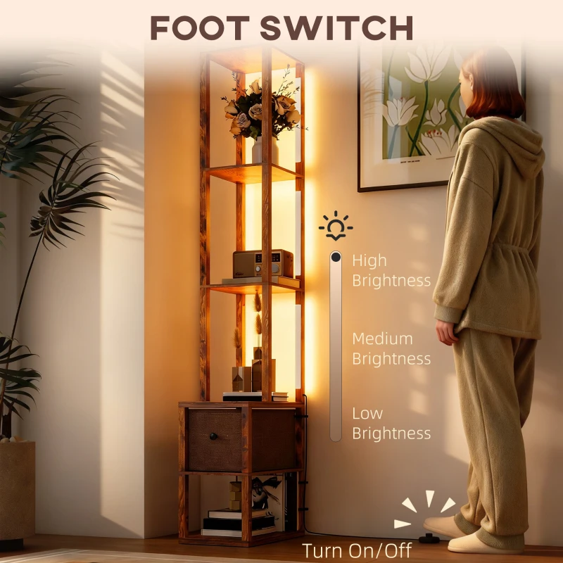HOMCOM Floor Lamp with Shelves, LED Column Modern Standing Lamp with Fabric Drawer, Adjustable Brightness, Foot Switch for Living Room, Bedroom, Office, Rustic Brown