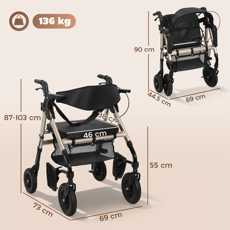 HOMCOM Rollator Walker Wheelchair, with Seat - Black