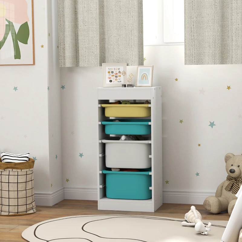 AIYAPLAY Meuble de rangement pour enfant, rangement jouets enfant, avec 4 boîte de rangement, 40,8L x 30l x 90,3H cm, blanc