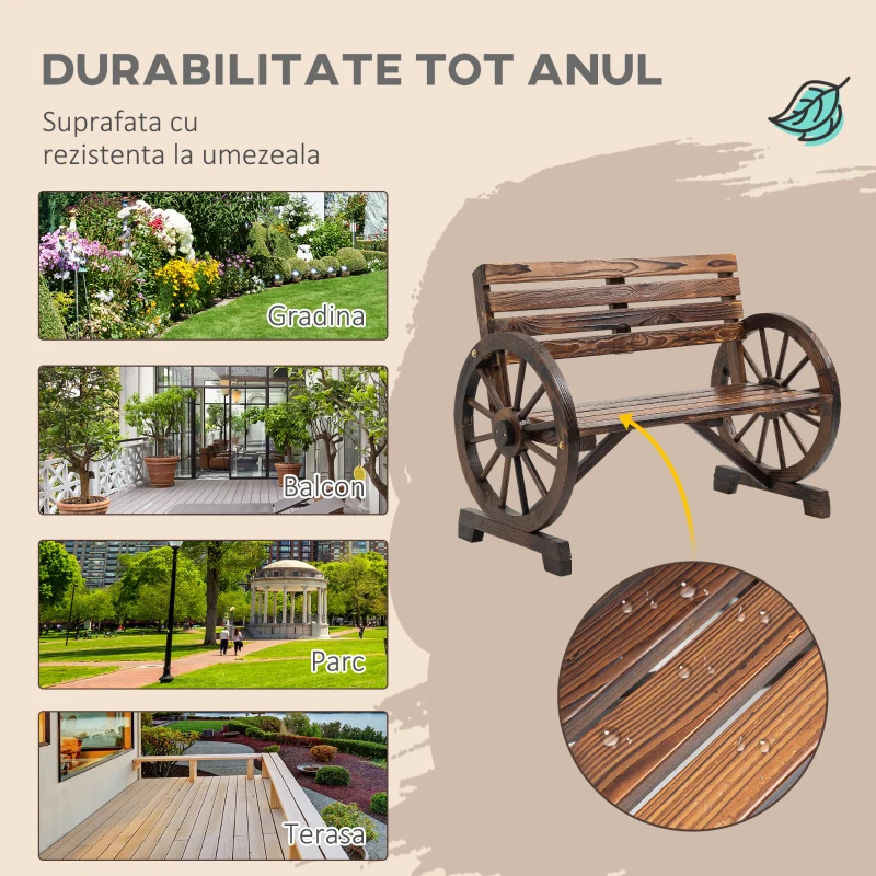 Outsunny Bancă de grădină cu 2 locuri, șipci din lemn, brațe în formă de roată de căruță, 105,5x56x79 cm, maro ars