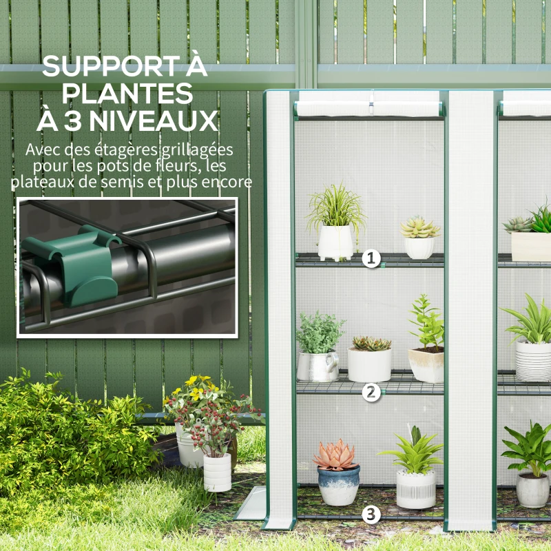 Outsunny Serre de jardin avec étagères métalliques à 3 niveaux serre de balcon couverture PE toit incliné 144 x 48 x 152 cm blanc