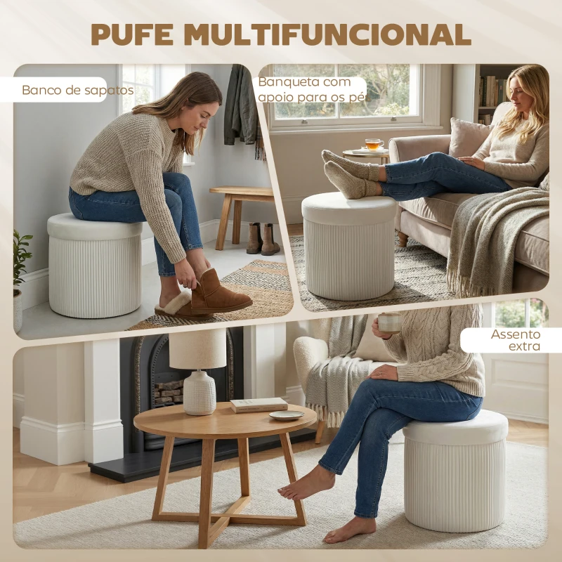 HOMCOM Puff de Arrumação Banco de Arrumação Dobrável 35 L 38x38x38 cm Estofado em Veludo Baú de Arrumação Redondo Creme