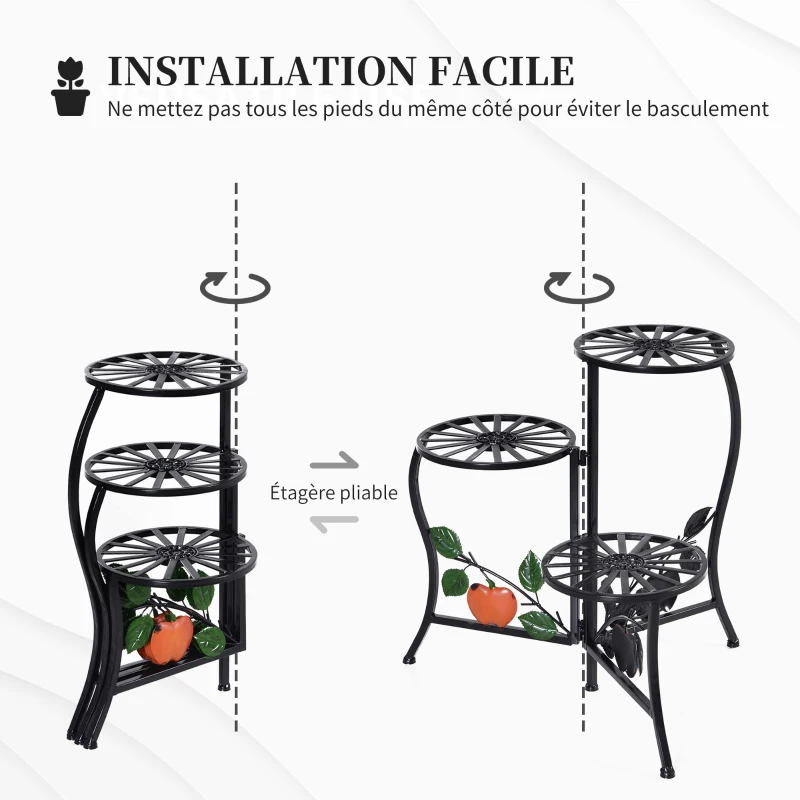 Outsunny Étagère à Fleurs Supports de Pots Porte Plante en métal à 3 Niveaux élégant Pliable intérieur/extérieur pour Maison Balcon Jardin Terrasse dim. 64L x 45l x 56H cm Noir