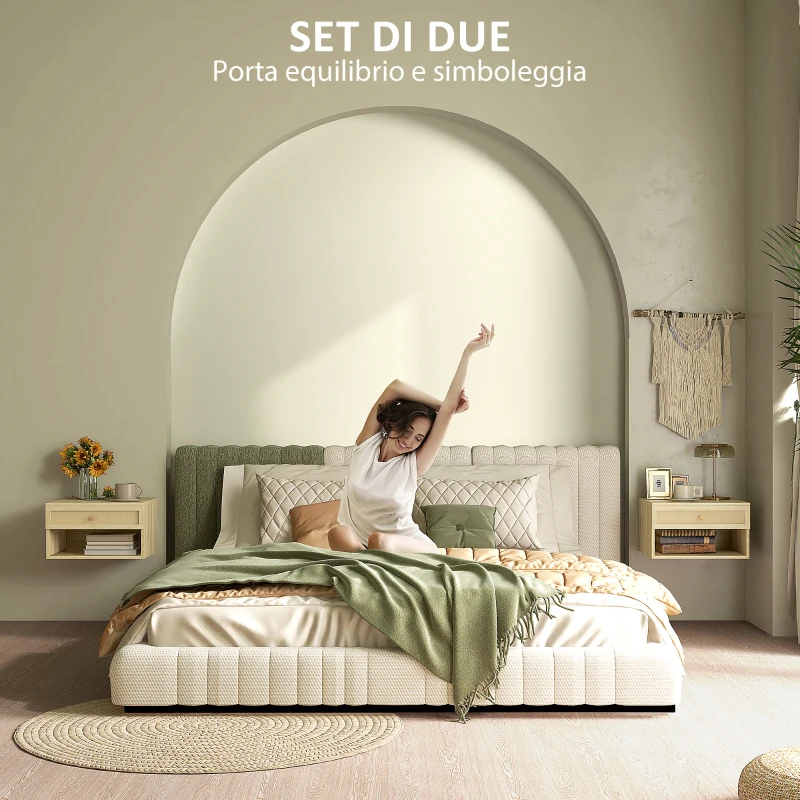 HOMCOM Set 2 Comodini con Cassetto e Ripiani Aperti in stile Boho, in Truciolato e Rattan, 40x34x23 cm