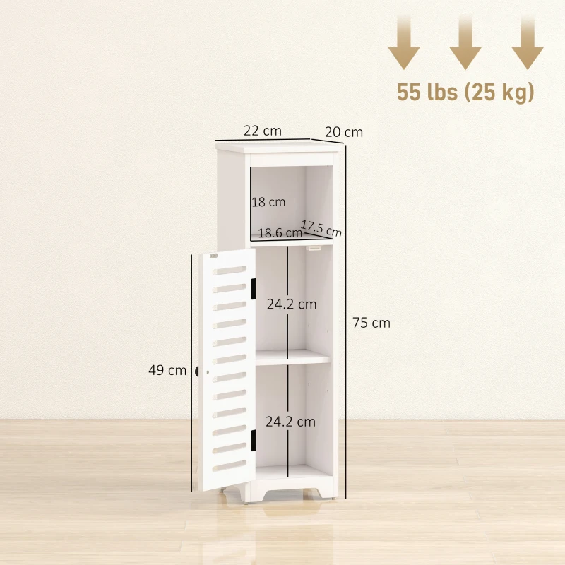 HOMCOM Bathroom Floor Cabinet, Bathroom Storage Unit with Louvered Door, Open Shelf, Adjustable Shelf, White, 22 x 20 x 75 cm