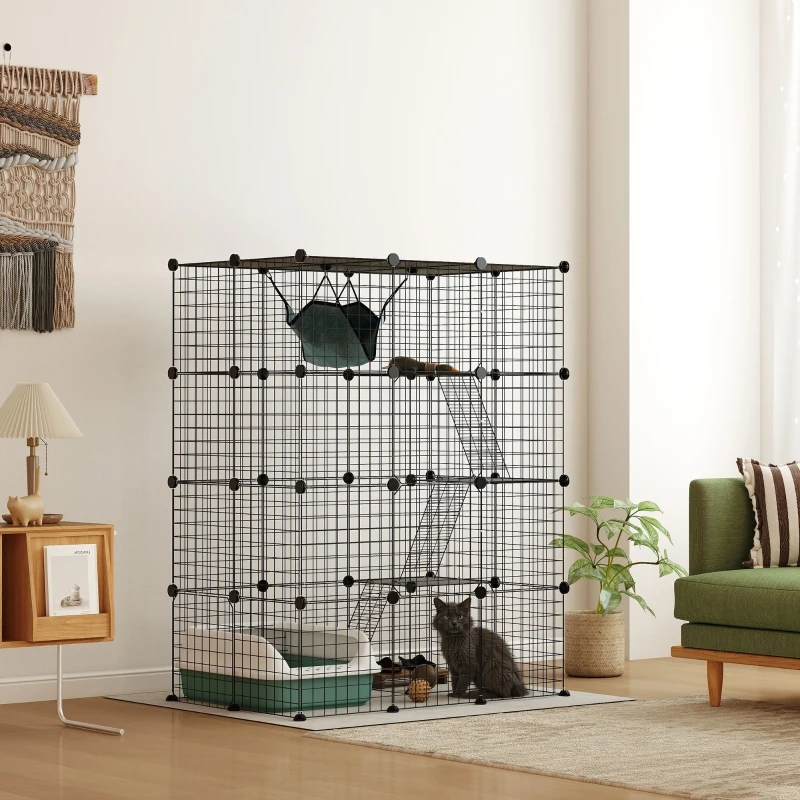 PawHut Cușcă pentru pisici de interior parc pentru pisici din oțel la 4 nivele DIY cu 5 uși hamac 1-3 pisici 105 x 70 x 140 cm negru