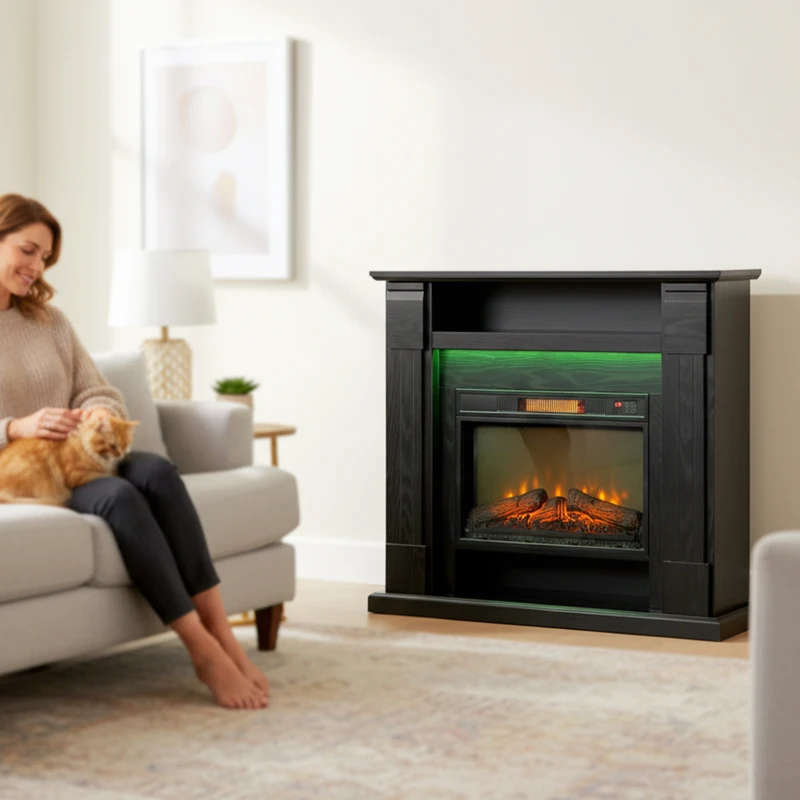 HOMCOM Șemineu Electric de 1800W Reglabil cu Flacără 3D, Raft, Timer și Telecomandă, 105x27x97 cm, Negru