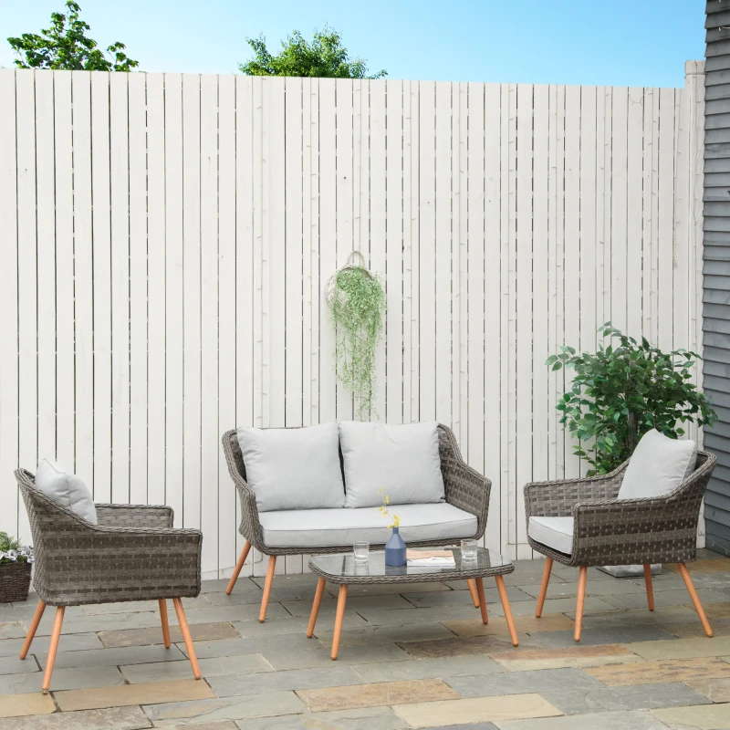 Outsunny Salon de jardin 4 places 4 pièces avec 2 fauteuils, canapé et table basse - en métal époxy résine tressée imitation rotin coussins inclus gris