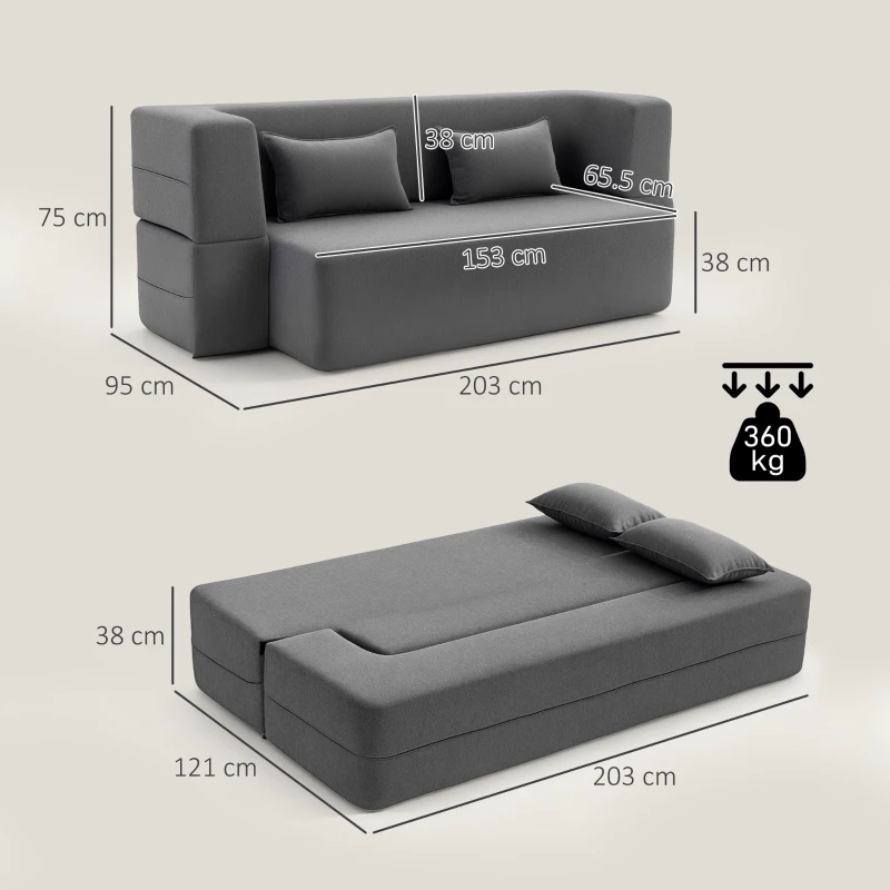 HOMCOM Canapea extensibilă 2 locuri din spumă, canapea de dormit cu brațe late, 2 perne, capacitate 360 kg, gri