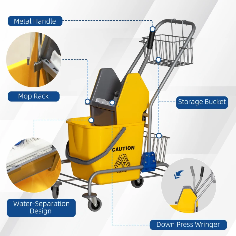 HOMCOM wiadro do mopa, wózek do sprzątania, mobilny, plastik, metalowy uchwyt, żółty