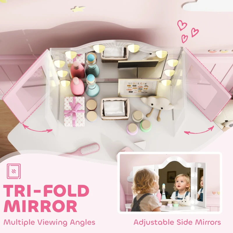 AIYAPLAY Kids Dressing Table and Stool Set, Girls Vanity Table with 2-Colour LED Lights, Tri-Folding Mirror, White