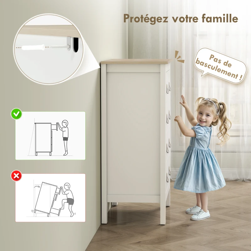 HOMCOM Commode 4 tiroirs meuble de rangement style contemporain avec poignées en polyuréthane, 60 x 40 x 98 cm, blanc