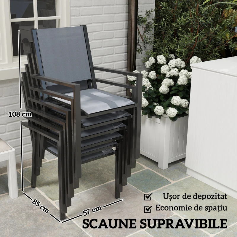 Outsunny Set Masă de Grădină cu Scaune, 7 Piese, Set de Prânz cu Masă cu Blat din Lemn Compozit cu Șipci și 6 Scaune de Exterior Stivuibile, Mobilier din Oțel cu Texteline, Gri și Negru