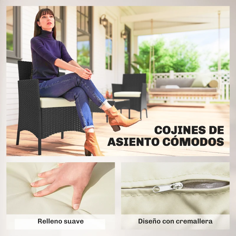Outsunny Conjunto Muebles Jardín de Ratán Sintético con Sofá Sillones y Mesa de Vidrio Templado y Cojines Negro y Crema