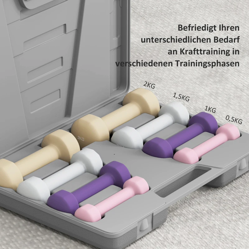 HOMCOM Hantelset 4 Paar 0,5kg-10kg Hanteln mit Koffer, Hantel-Set aus Gusseisen, Hexagon