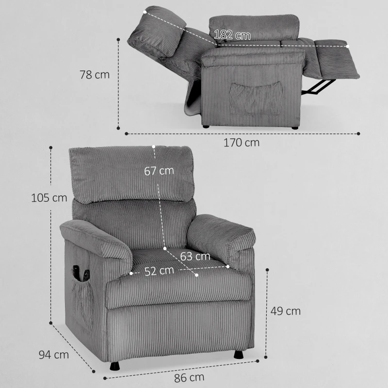 HOMCOM Corduroy Electric Massage Recliner - Grey