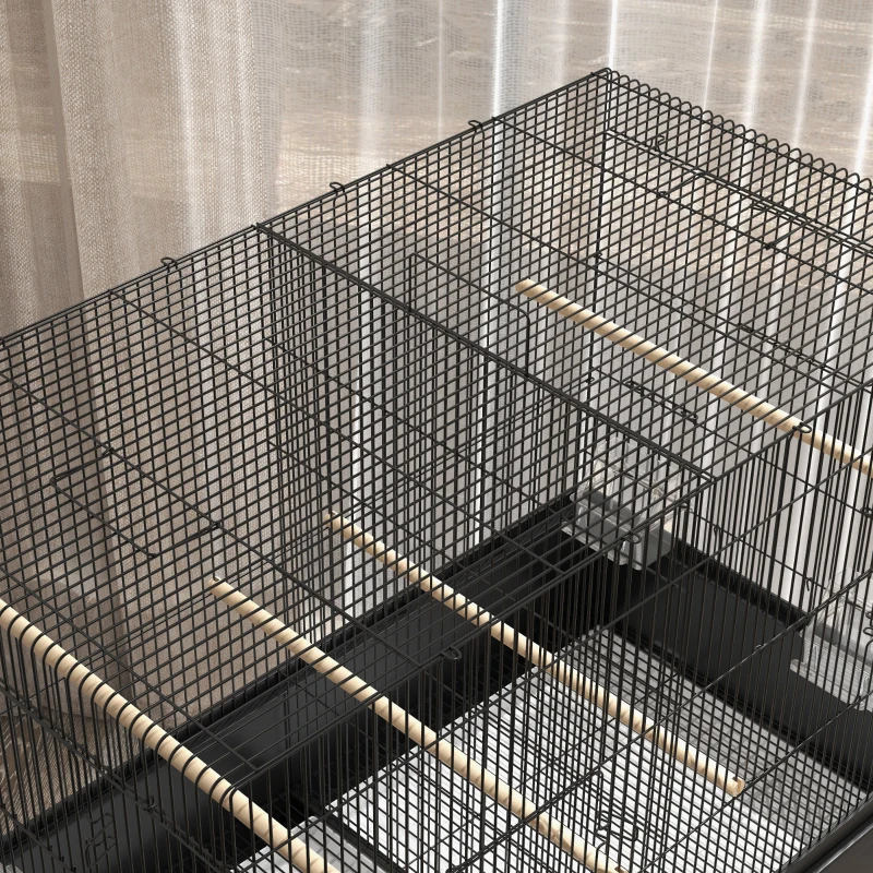 PawHut Gabbia per Uccelli da Interno con Vassoio, Ripiano e Ruote con Freno, 85x49x119 cm, Nero