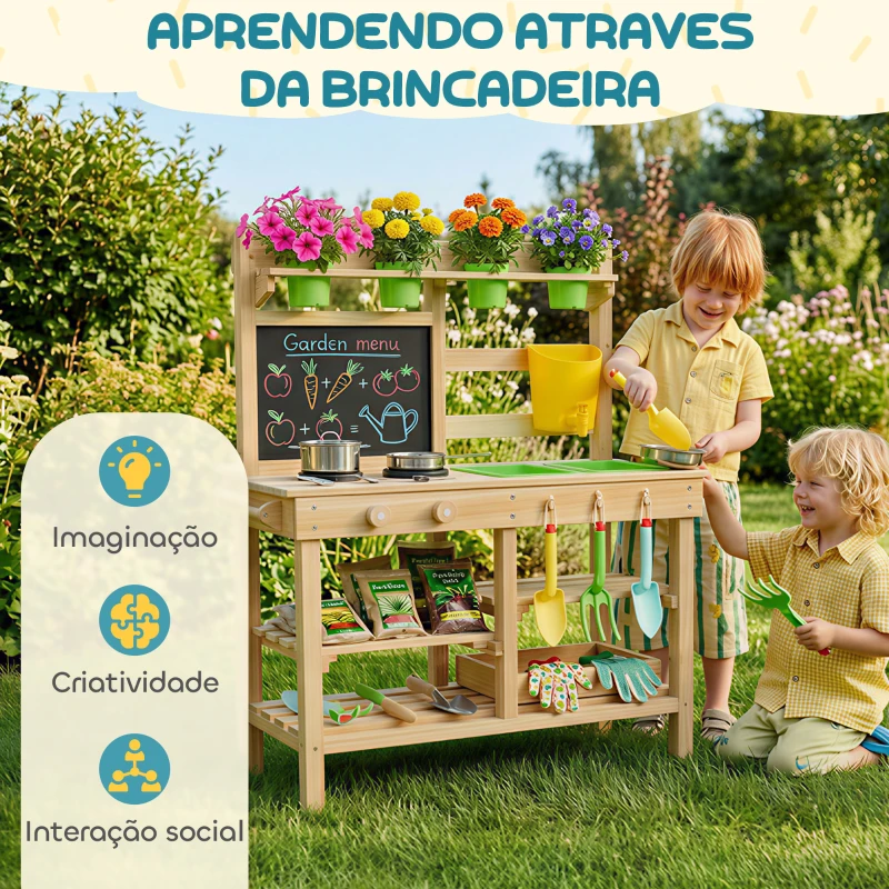 AIYAPLAY Cozinha de Brincar Exterior com Vasos Lavatório Torneira Utensílios de Aço Inoxidável e Quadro-Negro Madeira