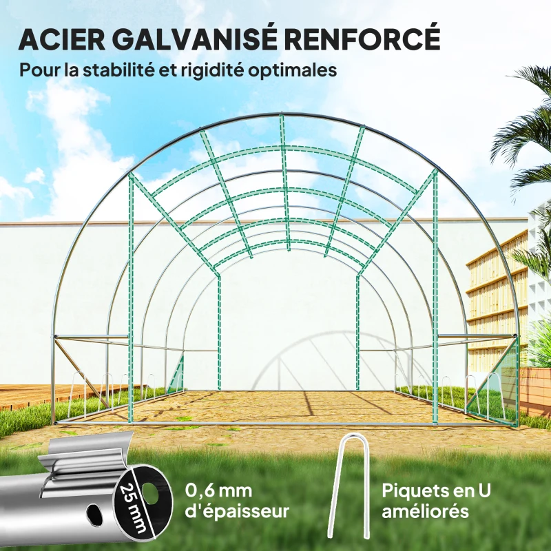 Outsunny Serre tunnel de jardin 3 x 4 x 2 m avec porte enroulable et grandes fenêtres, en acier galvanisé et PE, vert