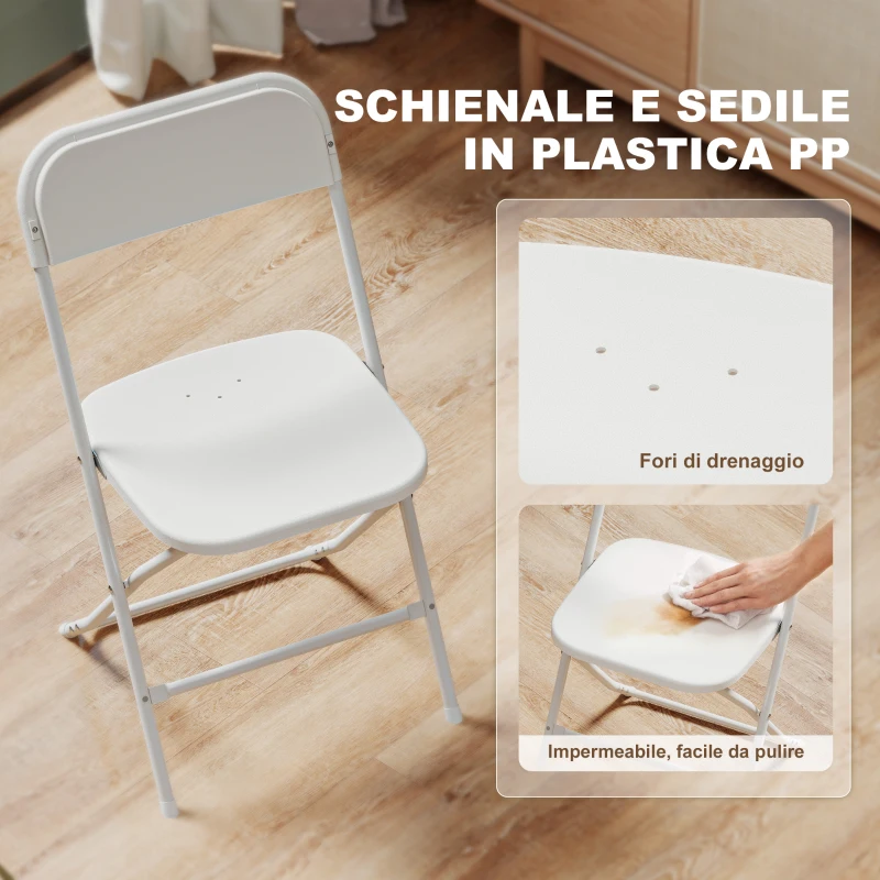 HOMCOM Set 4 Sedie Pieghevoli con Fori di Drenaggio in Plastica e Metallo, 45x49x79.5 cm, Bianco