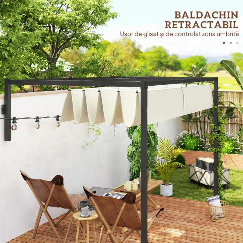 Outsunny Pergolă 3x2 m cu Acoperiș Retractabil și Orificii de Drenare din Oțel și Poliester, Crem