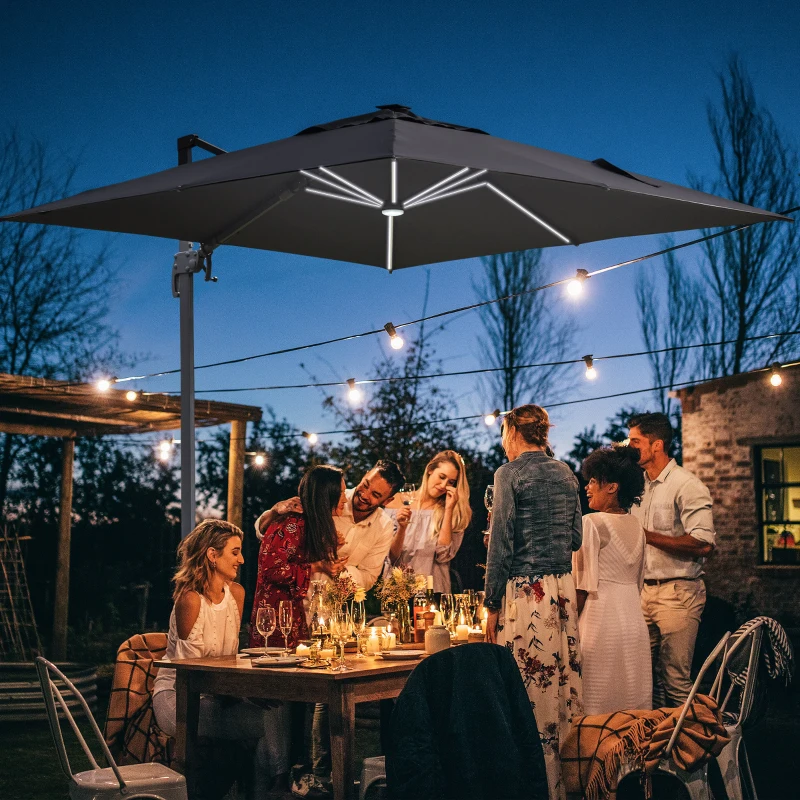 Outsunny Parasol déporté carré parasol LED inclinable pivotant 360° manivelle piètement acier dim. 3L x 3l x 2,66H m gris