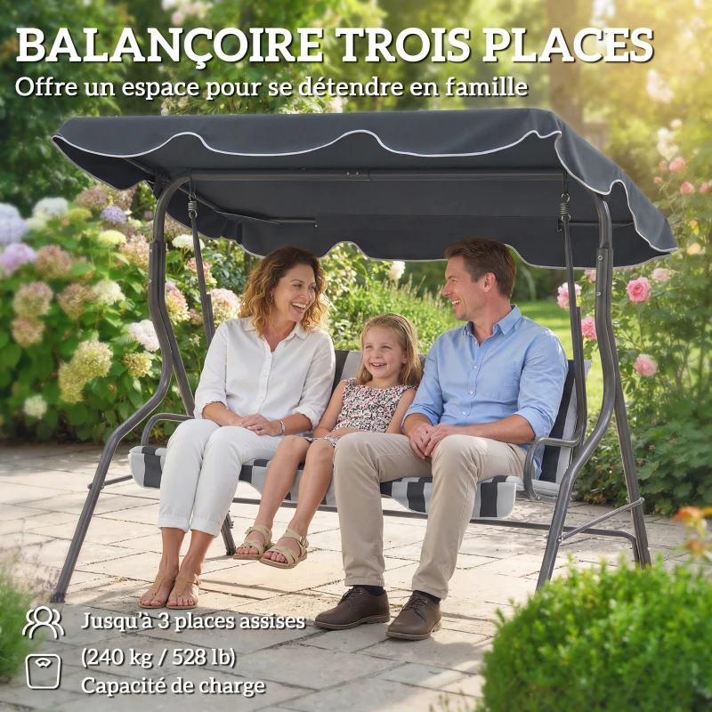 Outsunny Balancelle de Jardin 3 Places Toit imperméabilisé Inclinaison réglable Coussins Assise Dossier gris, blanc rayé