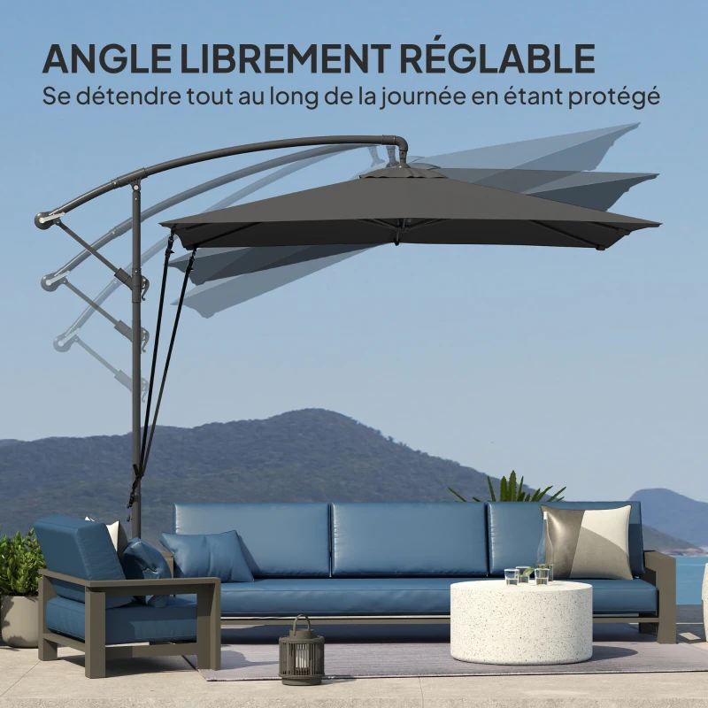 Outsunny Parasol déporté parasol de jardin extérieur Toile ajustable 8 baleines base en croix manivelle, 2,5 x 2,5 m, gris foncé
