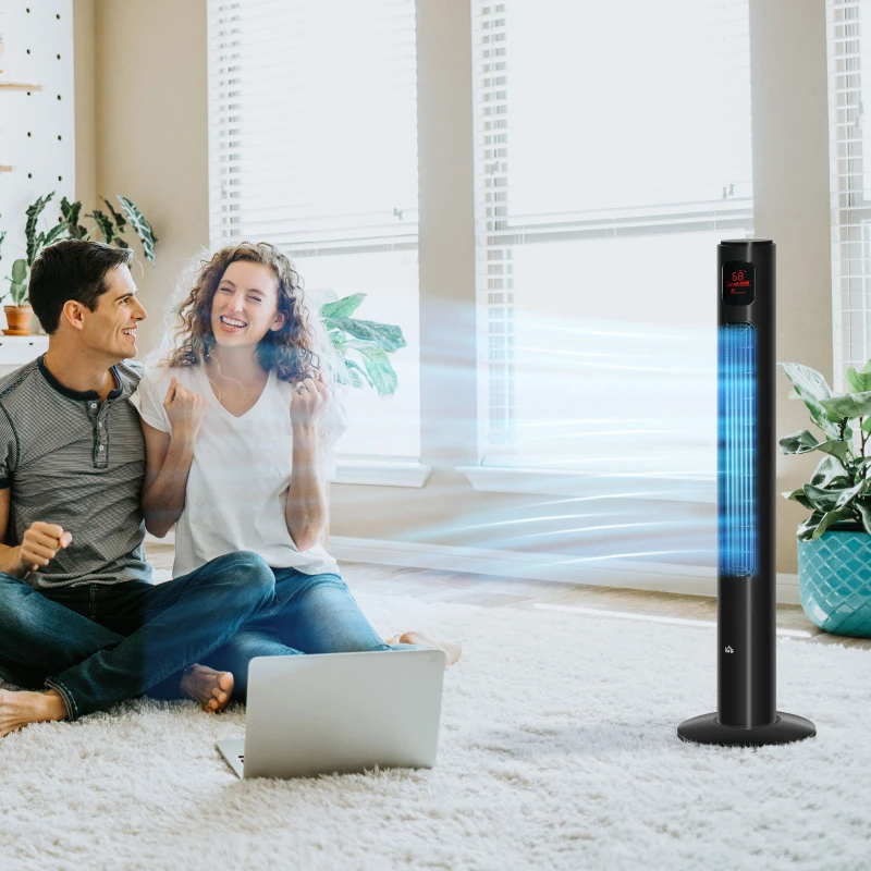 HOMCOM Ventilador de coluna oscilação 70° temporizador 12h painel de sensor LED 45W controlo remoto 2 modos de controlo preto