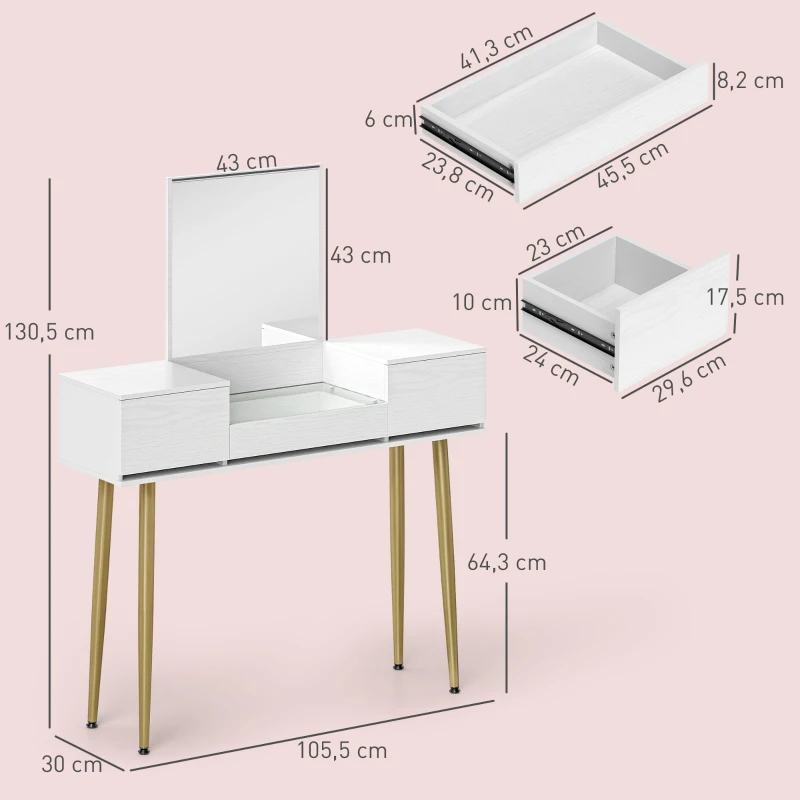 HOMCOM Masă de toaletă elegantă cu oglindă pătrată și sertare organizatoare 105,5x30x130,5 cm Alb și Auriu
