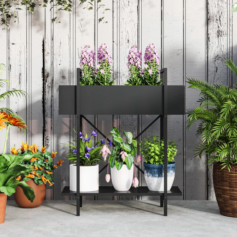 Outsunny Suport plante interior 2 niveluri, suport pentru plante cu orificii de drenaj, tavă superioară, metal, 60 x 25 x 70 cm negru