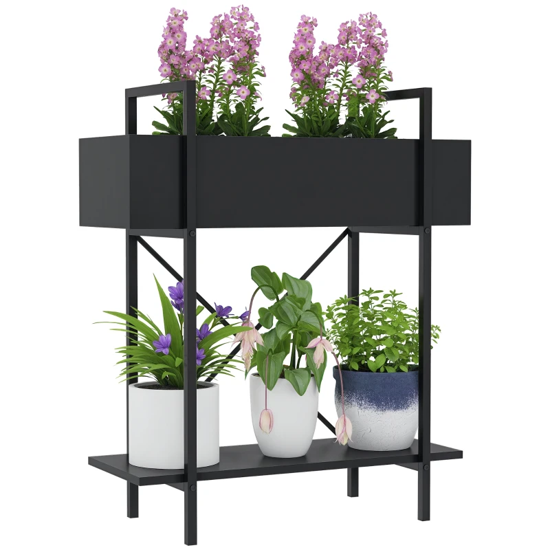 Outsunny Suport plante interior 2 niveluri, suport pentru plante cu orificii de drenaj, tavă superioară, metal, 60 x 25 x 70 cm negru