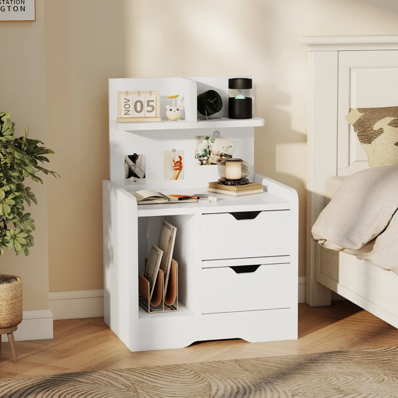 HOMCOM Bedside Table with 2 Drawers and Open Shelves - High Gloss White
