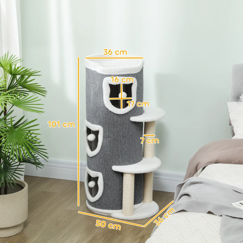 PawHut Turn pentru pisici cu 4 niveluri copac stabil pentru pisici cu stâlpi de zgâriat din sisal și margine din pluș 2 platforme 50x36x101cm gri