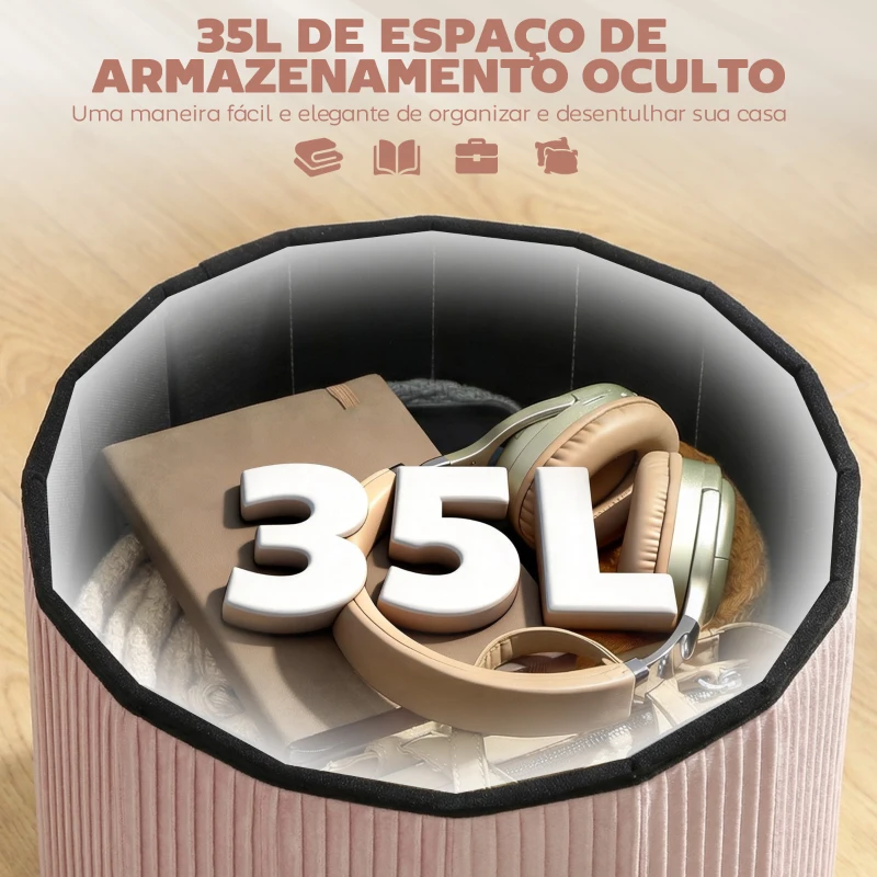 HOMCOM Puff de Arrumação Banco de Arrumação Dobrável 35 L 38x38x38 cm Estofado em Veludo Baú de Arrumação Redondo Rosa