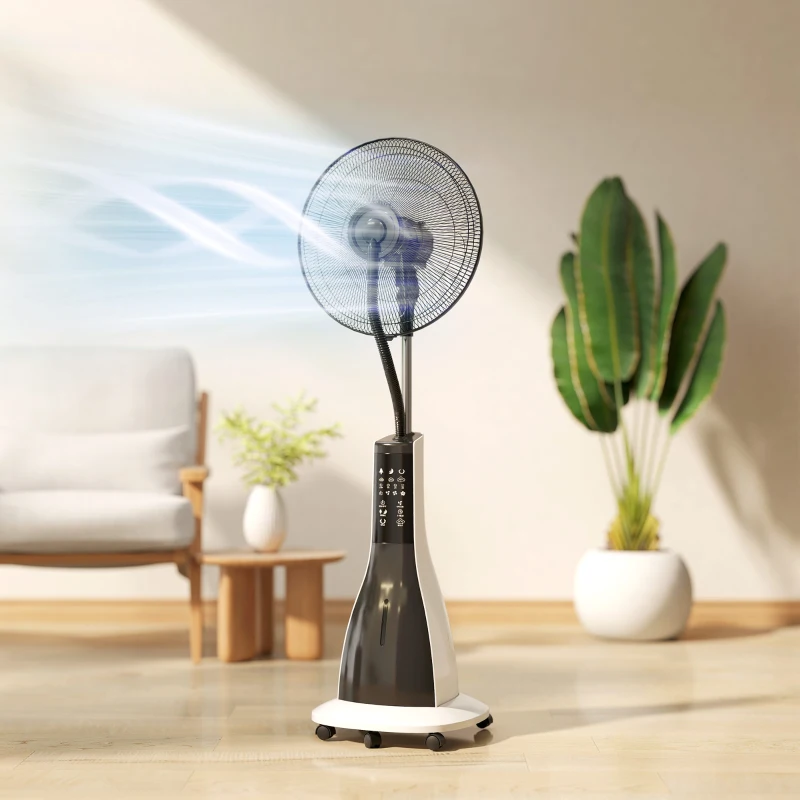 HOMCOM Ventilador com brumizador sobre rodas 90 W 125 cm com controle remoto, temporizador, oscilação de 75°, cabeça inclinável, preto