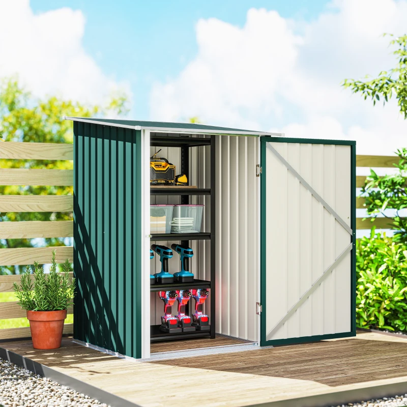 Outsunny Magazie de Grădină 0,92m² din Oțel Galvanizat, Depozit Unelte cu Ușă Blocabilă, Acoperiș Înclinat, 100x104x160 cm, Verde