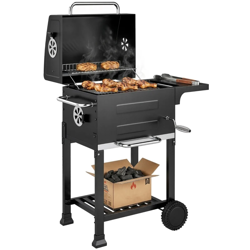 Outsunny Barbacoa de Carbón Portátil con Parrilla de Acero Inoxidable Estante Lateral Termómetro Bandeja y Ruedas Negro