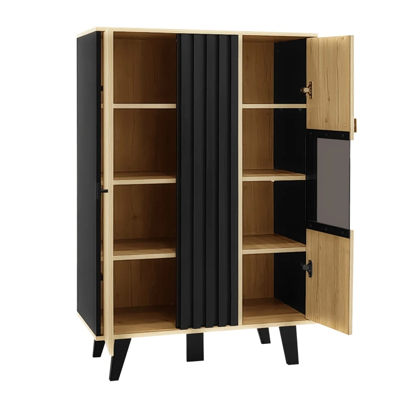 Meuble d'appoint avec vitrine, éclairage LED et verre, 80x40x120 cm, Couleur naturelle+Noir