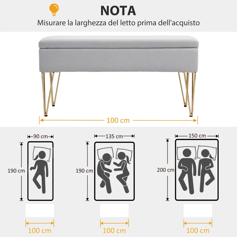 HOMCOM Panca Fondo Letto con Contenitore in Tessuto e Gambe in Acciaio, 100x40x49 cm, Grigio Chiaro