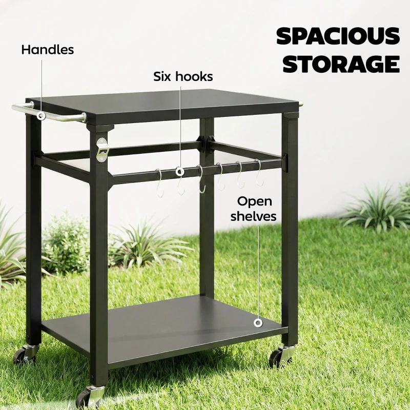 Outsunny Outdoorowy wózek grillowy, Stojak na piec do pizzy z metalową powierzchnią, 2-poziomowa mobilna stacja kuchennych z haczykami i uchwytami, Czarny