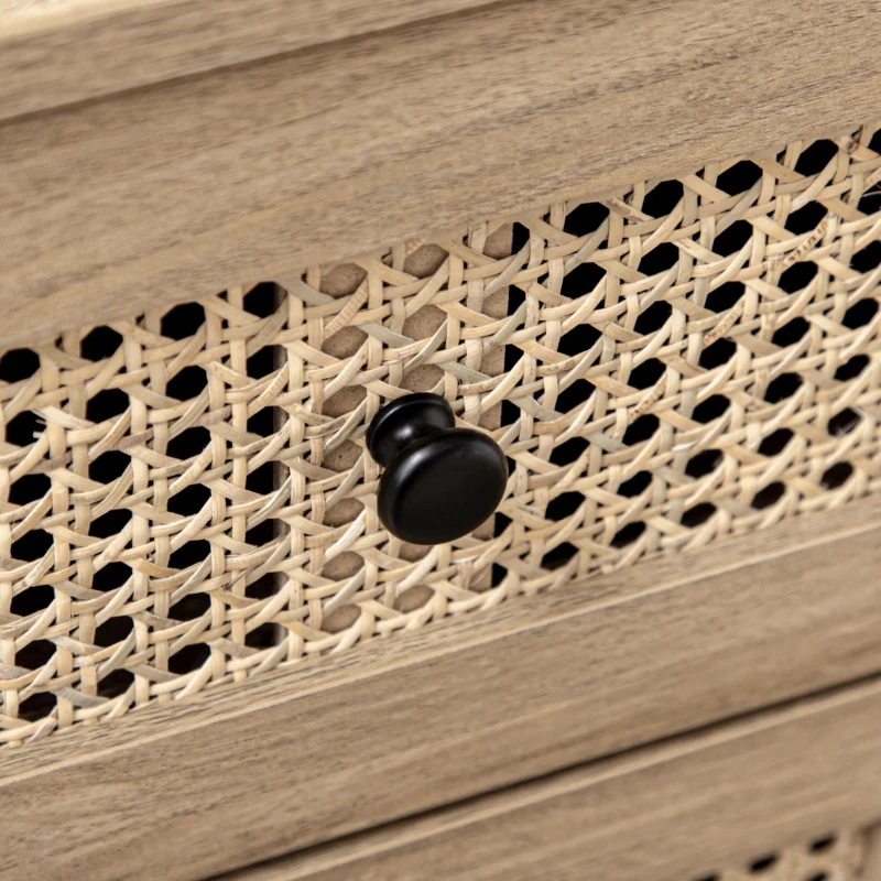 HOMCOM Cassettiera con 4 Cassetti e Inserti in Rattan Stile Boho, 80x35x95 cm, Legno Naturale